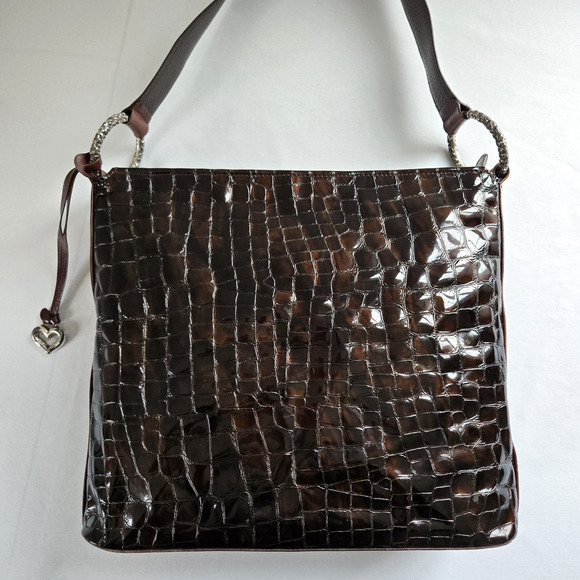 Brighton Handbags - Brighton Shoulder Bag Dark Brown Patent Leather Croc Embossed Classic Purse 12"
